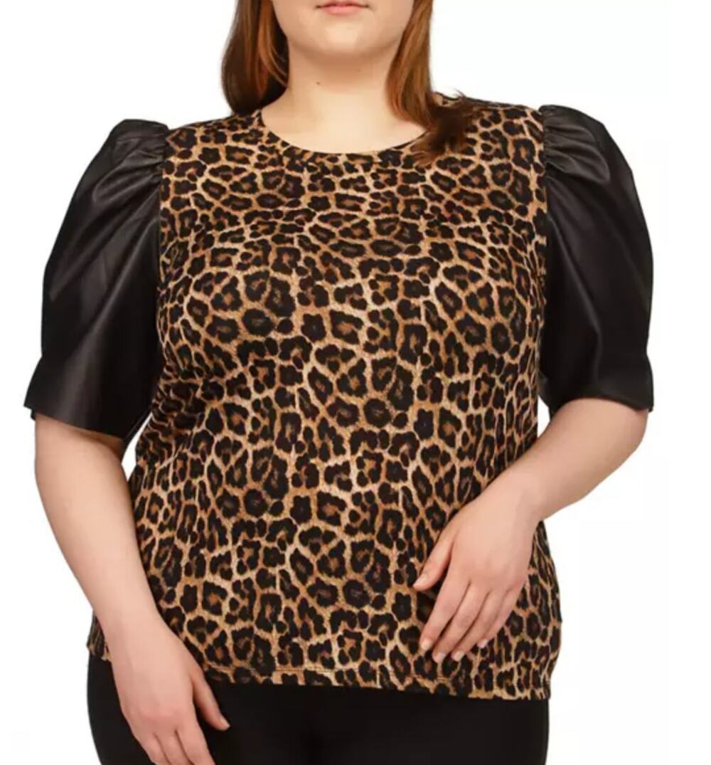 MICHAEL Michael Kors Animal Print Nubian Leather Sleeve Shirt Size P/S NWT
